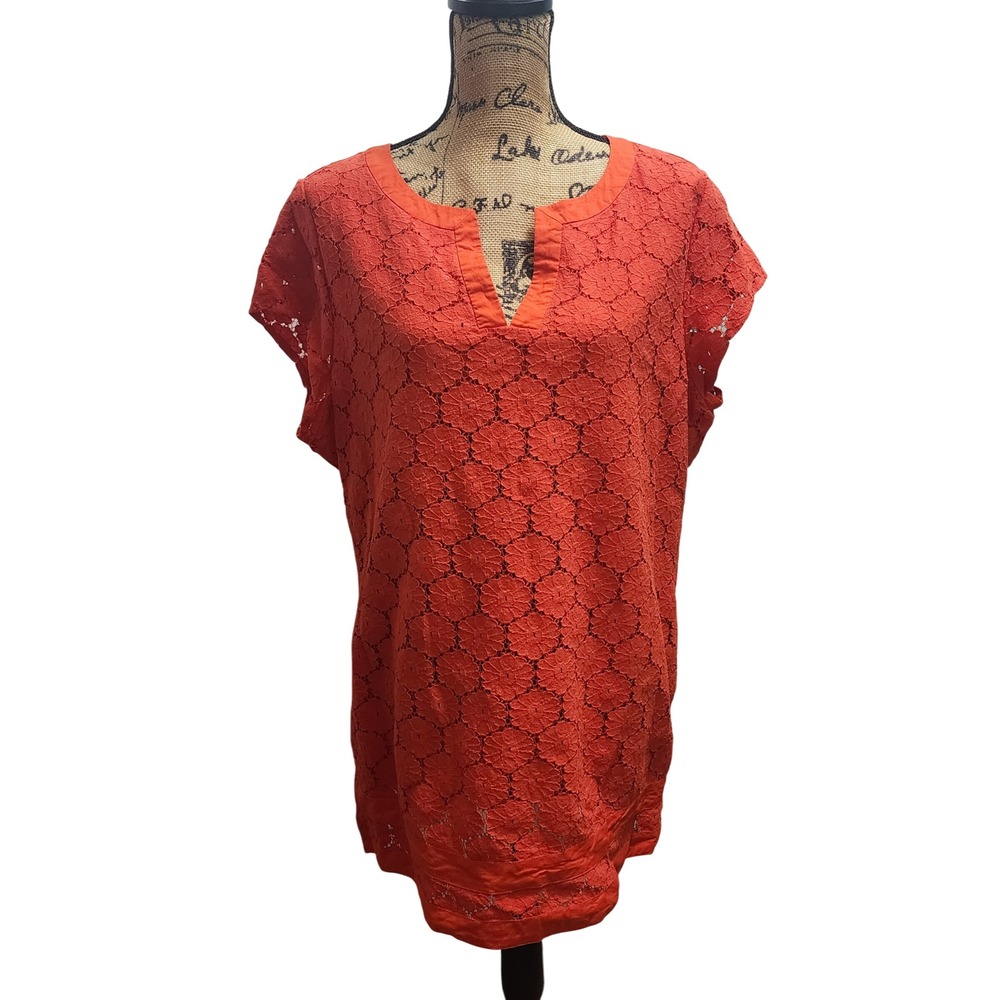 Isaac Mizrahi Live Orange Lace V-Neck Cap Sleeve Tunic Top Plus Size 1X